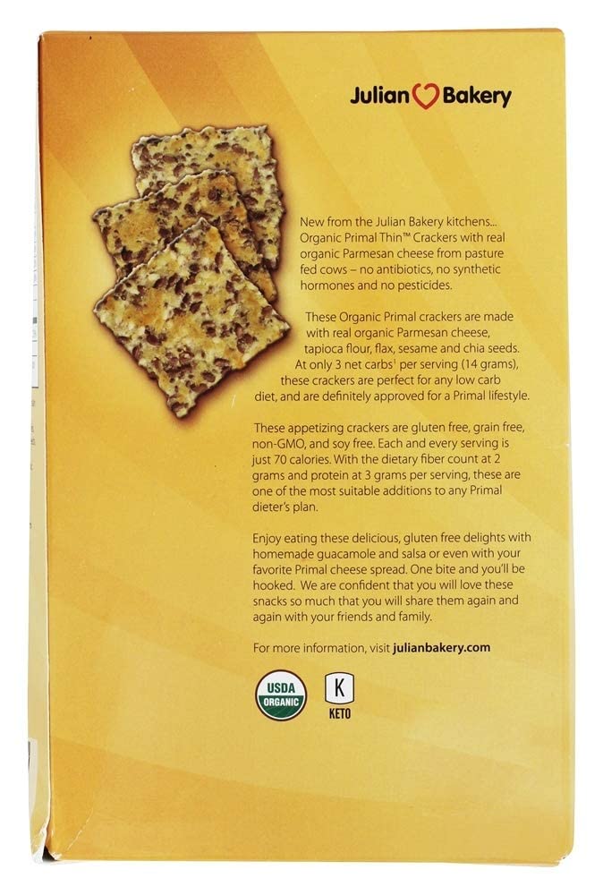 Julian Bakery Primal Thin Crackers Parmesan – crackers with dip, savory cheese pairing option.