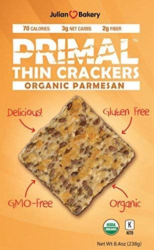 Julian Bakery Primal Thin Crackers Parmesan – on-the-go snack, portable pack for events.