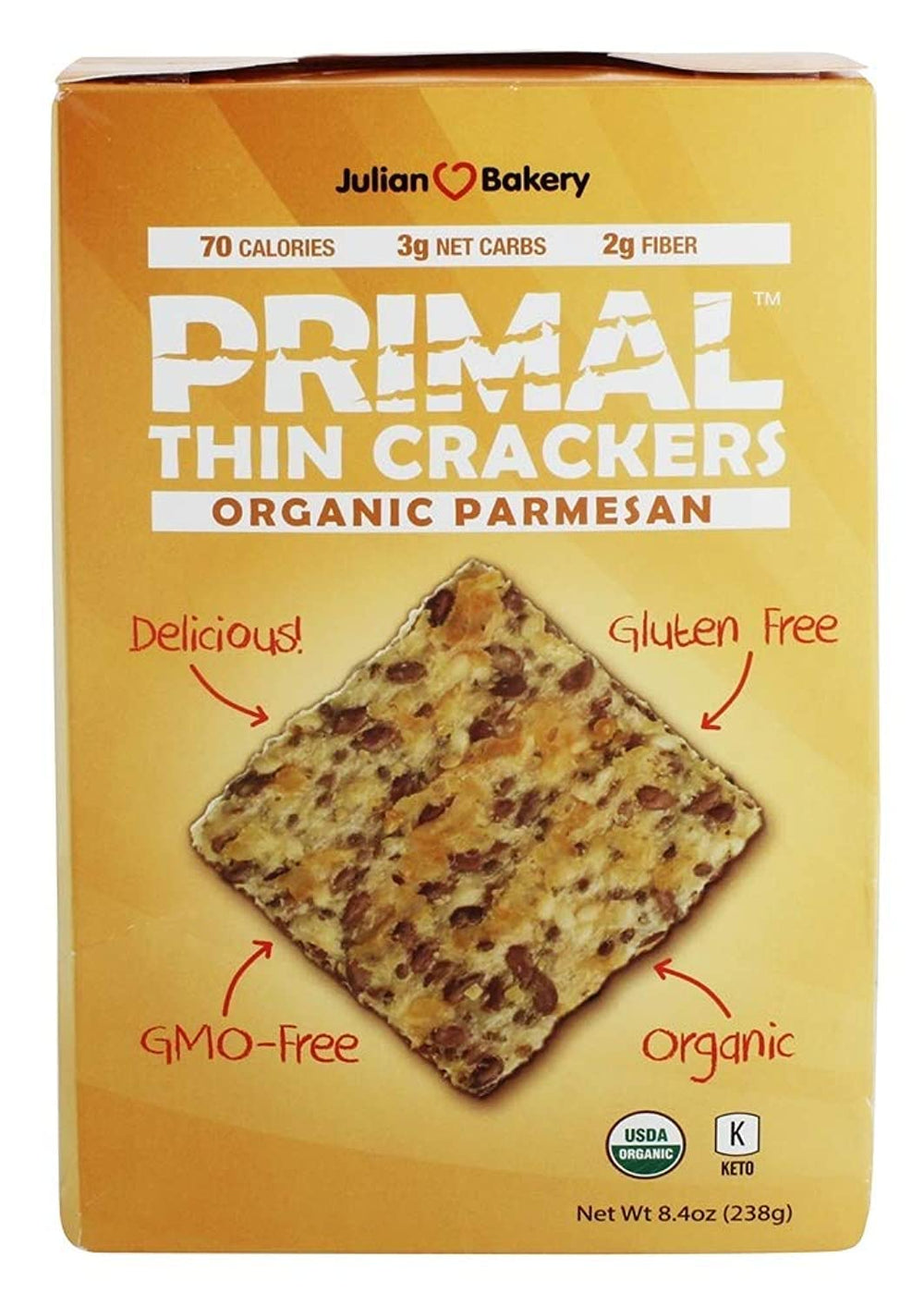 Julian Bakery Primal Thin Crackers Parmesan – pack shot, organic, gluten-free snack on the go.