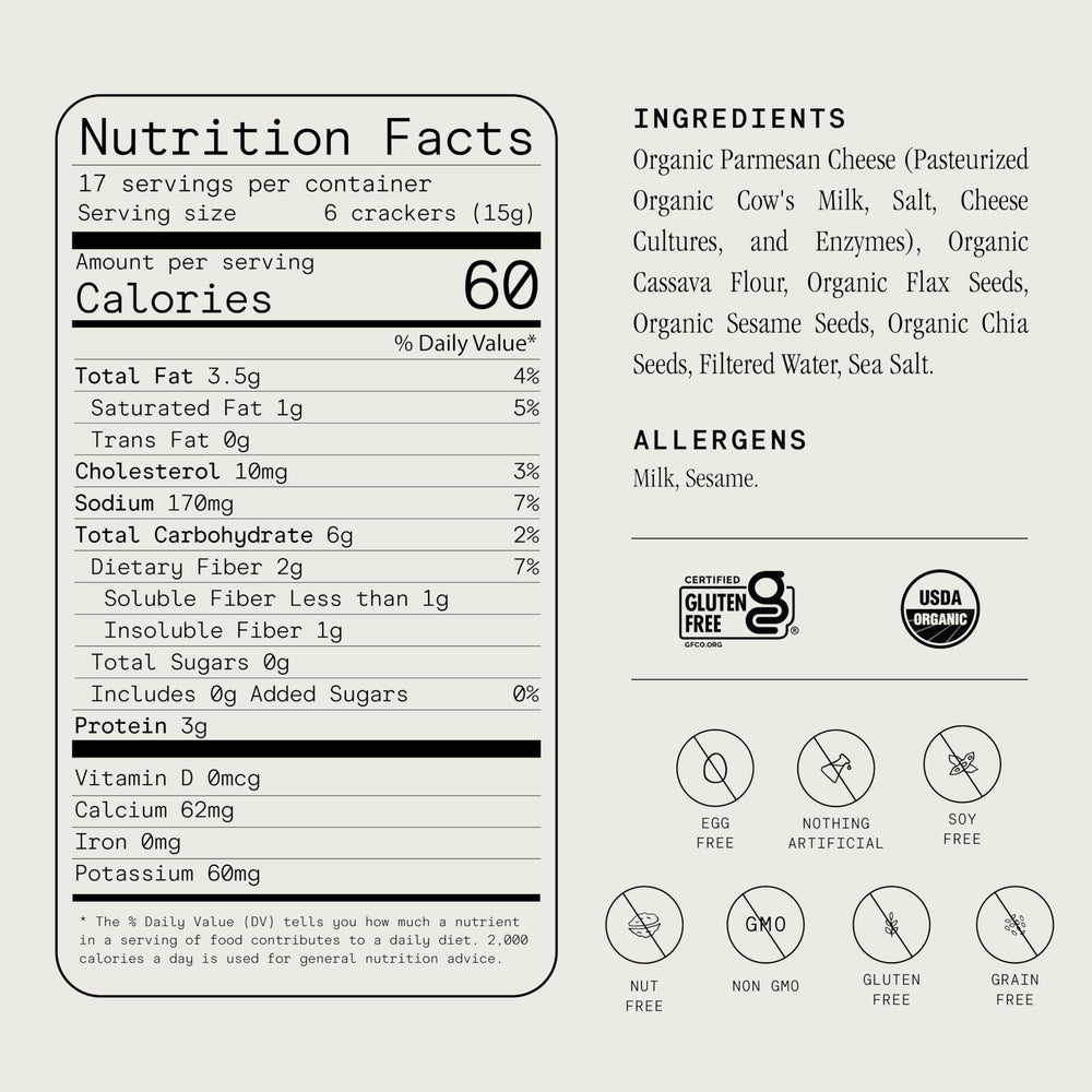 Julian Bakery Organic Primal Thin crackers parmesan pack, portable snack for on-the-go.