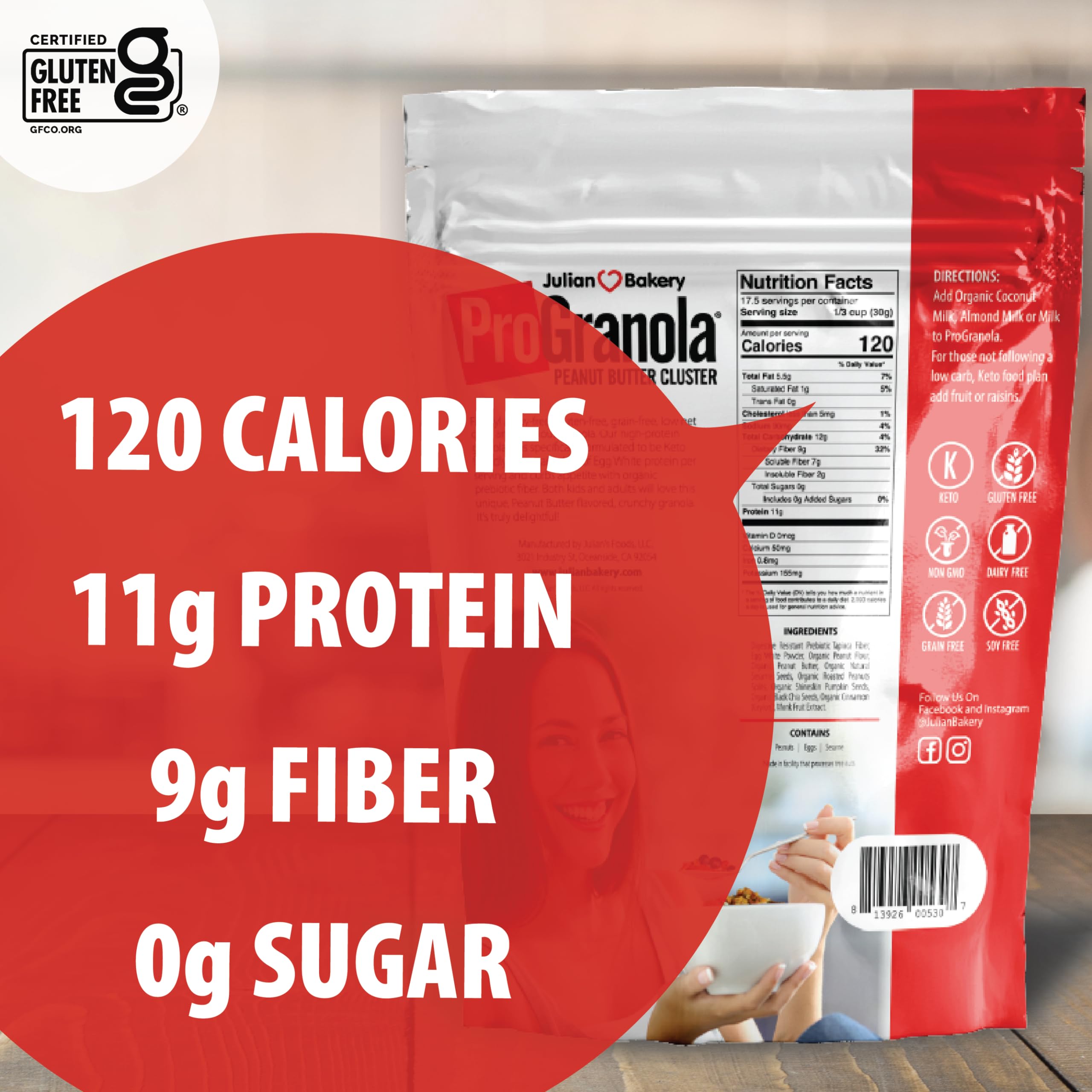 Julian Bakery ProGranola cereal 3-pack display emphasizes gluten-free benefits.