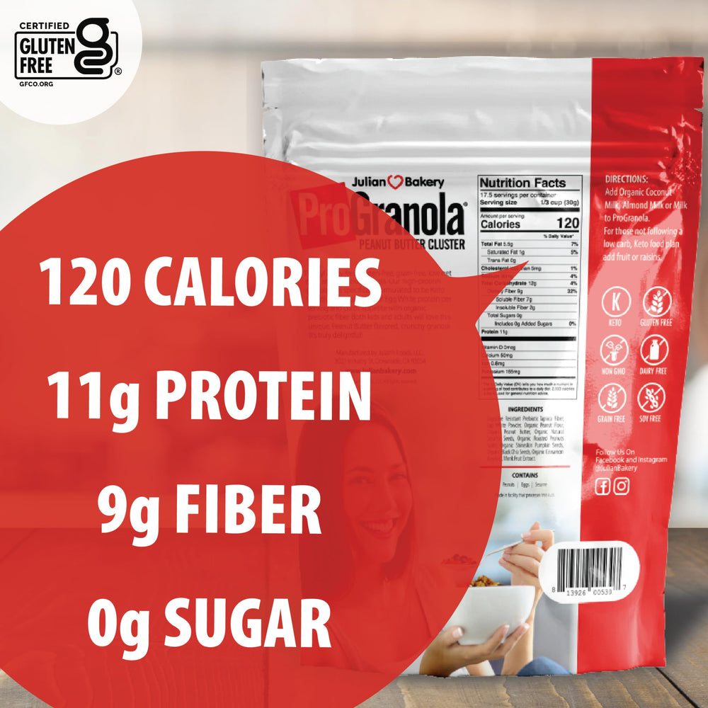 Julian Bakery ProGranola cereal 3-pack display emphasizes gluten-free benefits.