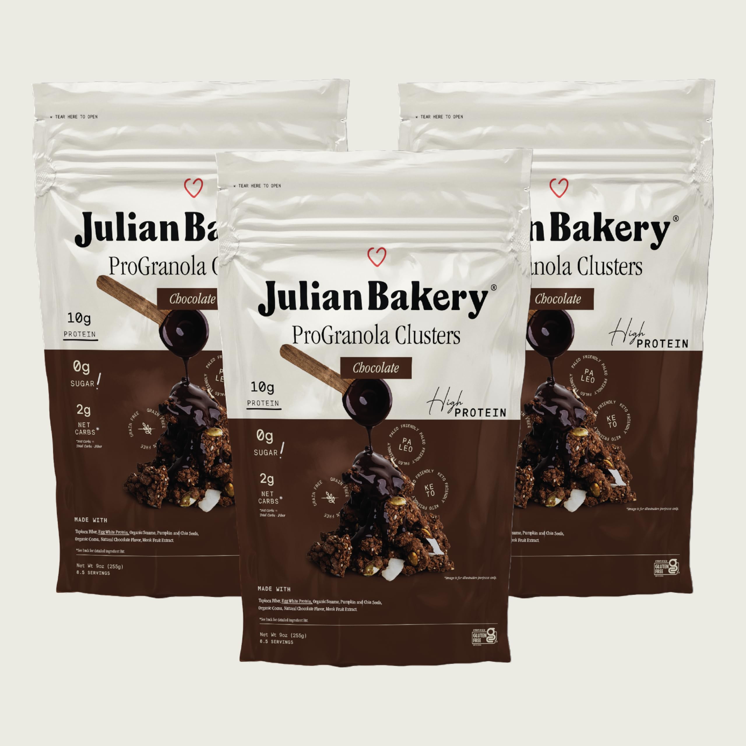 Julian Bakery ProGranola Chocolate bowl with spoon for a high protein breakfast.