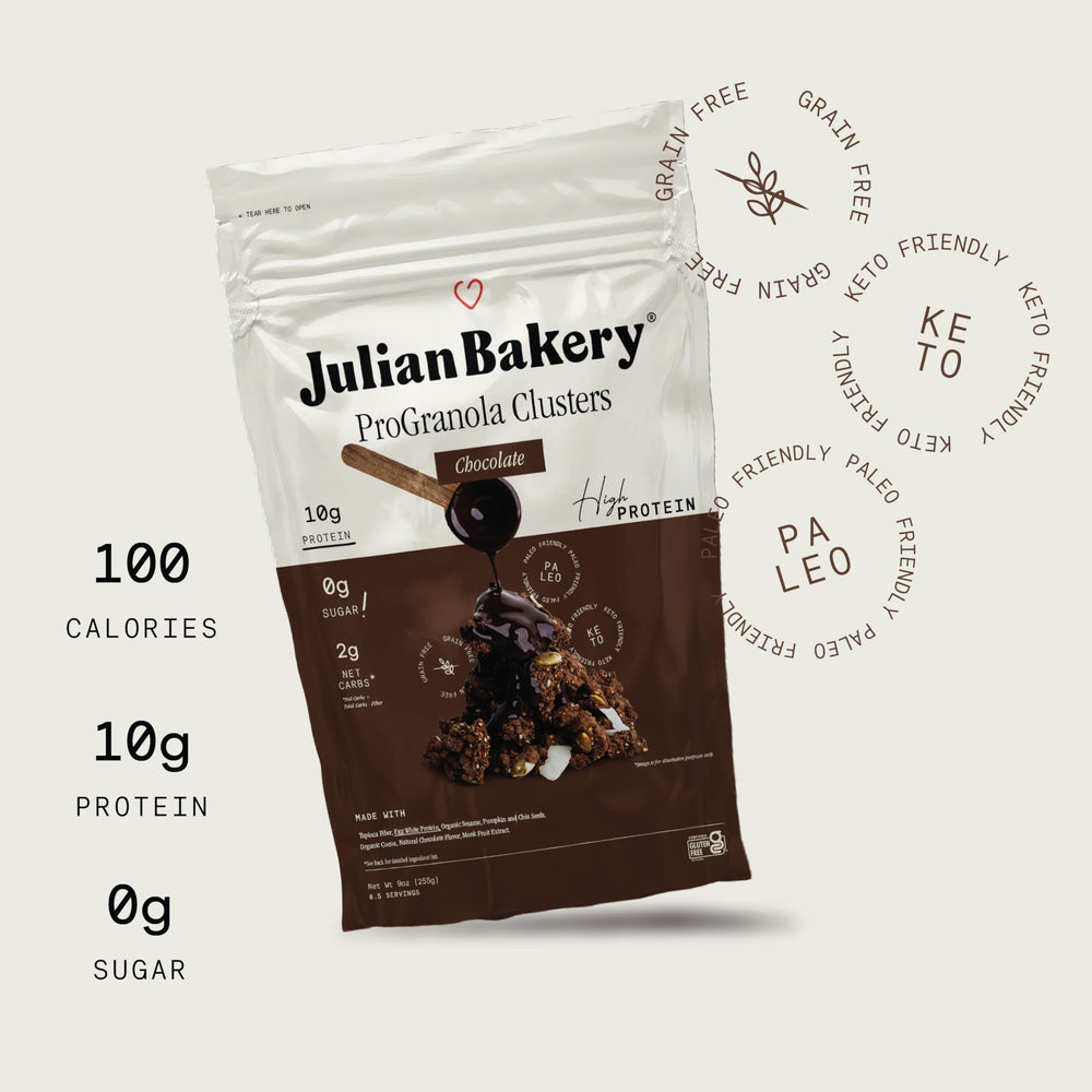 Julian Bakery ProGranola Chocolate packaging shows gluten free and grain free features.