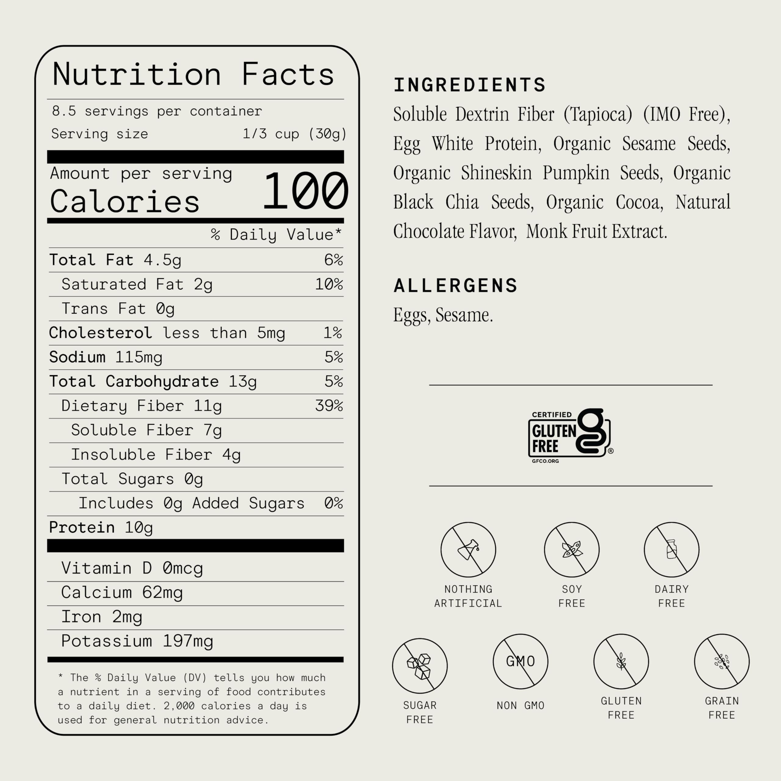 Julian Bakery ProGranola Chocolate serving close-up highlighting 11g fiber.