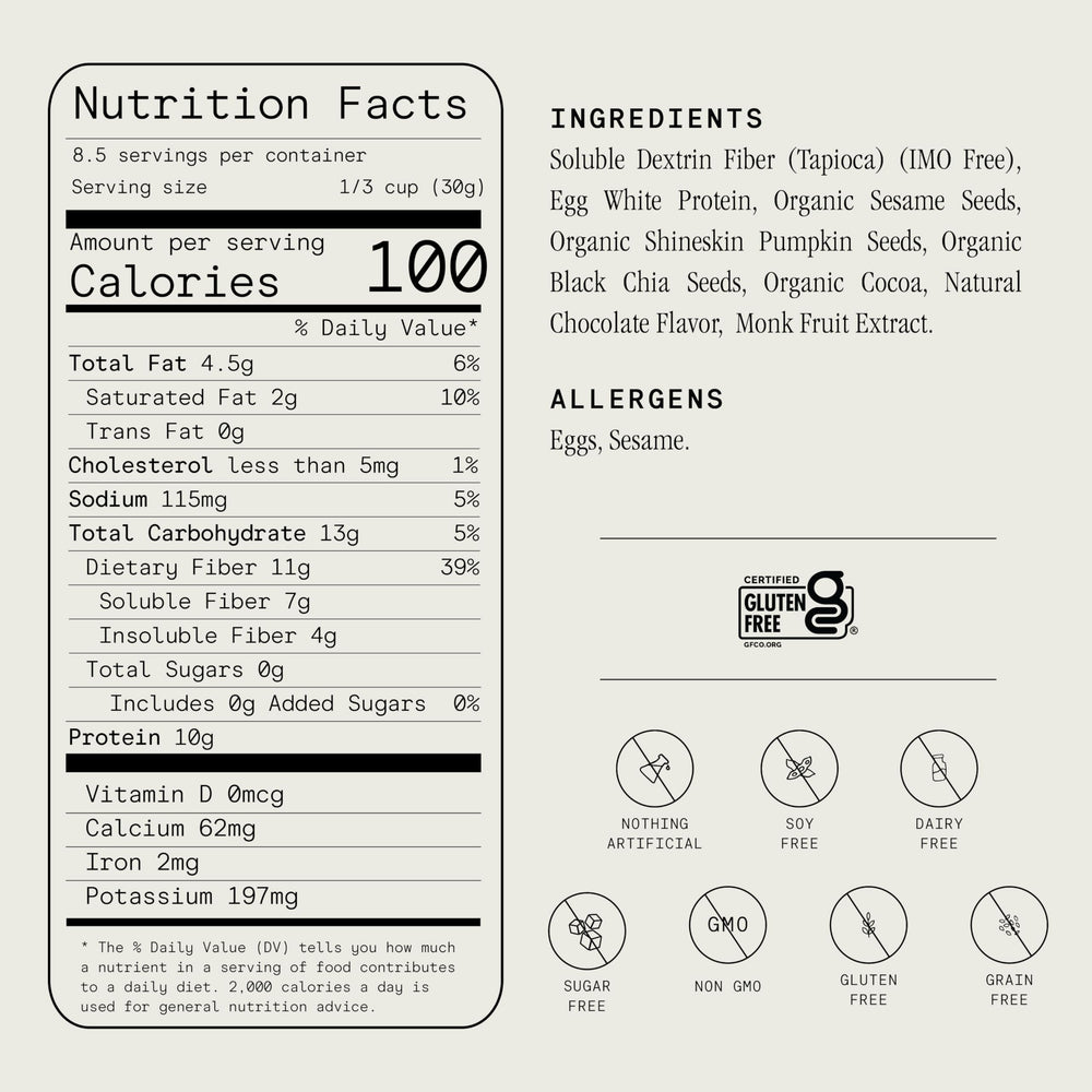Julian Bakery ProGranola Chocolate serving close-up highlighting 11g fiber.