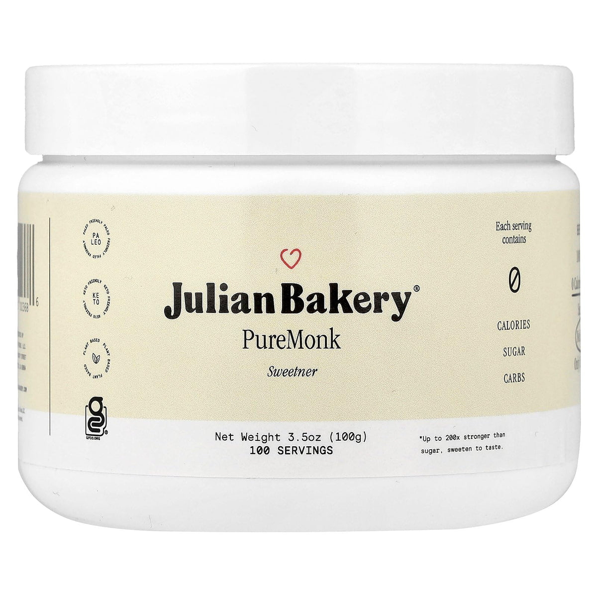 Julian Bakery Pure Monk bottle front view for zero-calorie sweetness.