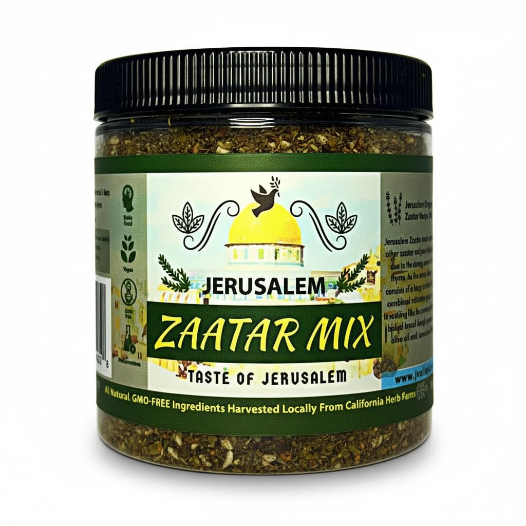 Julian's Valleys Jerusalem Zaatar jar label highlights authentic flavors for pantry use.