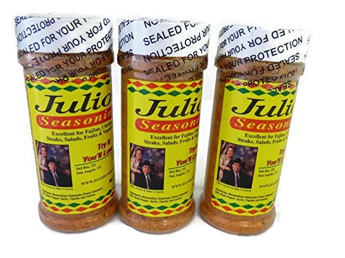 Julio's Seasoning 8oz pack back view shows label and suggested uses for meats and vegetables.
