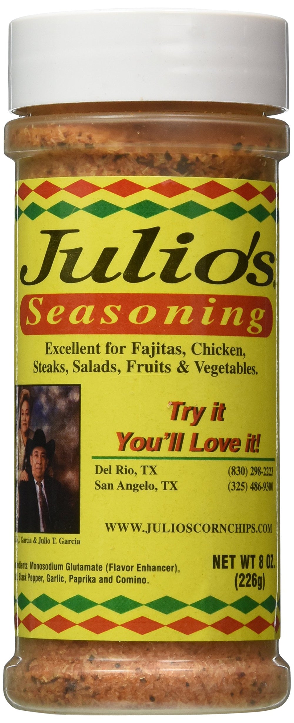 Julio's Seasoning bottle front view highlighting Mexican flavor profile for fajitas.