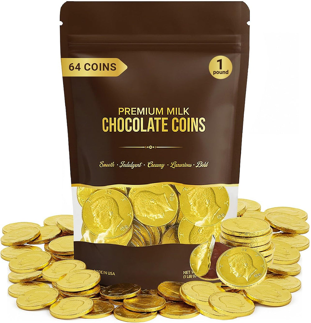 Jumblet chocolate gold coins in a bag ready for party sharing.