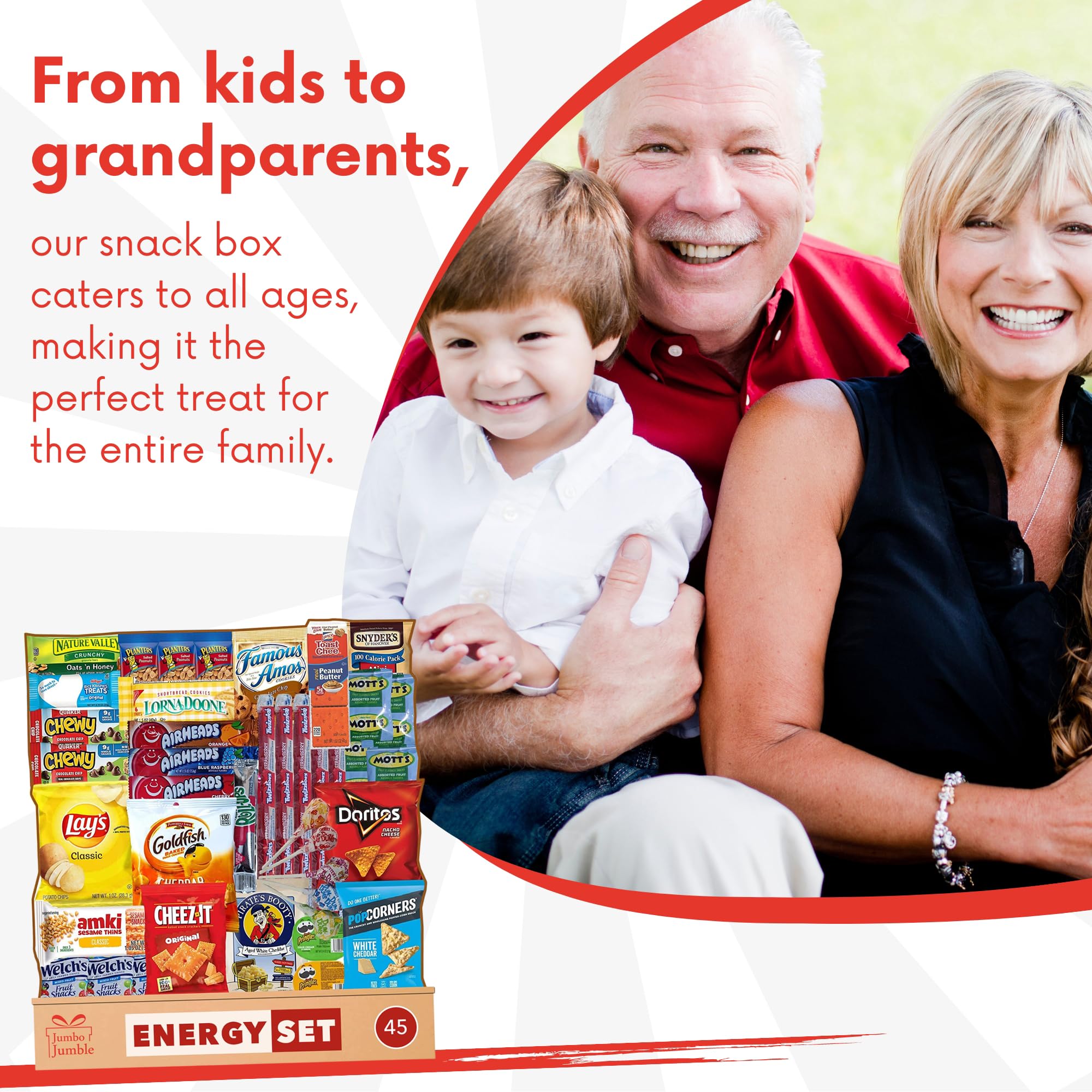 Jumbo Jumble snack box variety selection emphasizes diverse snacks for all tastes.