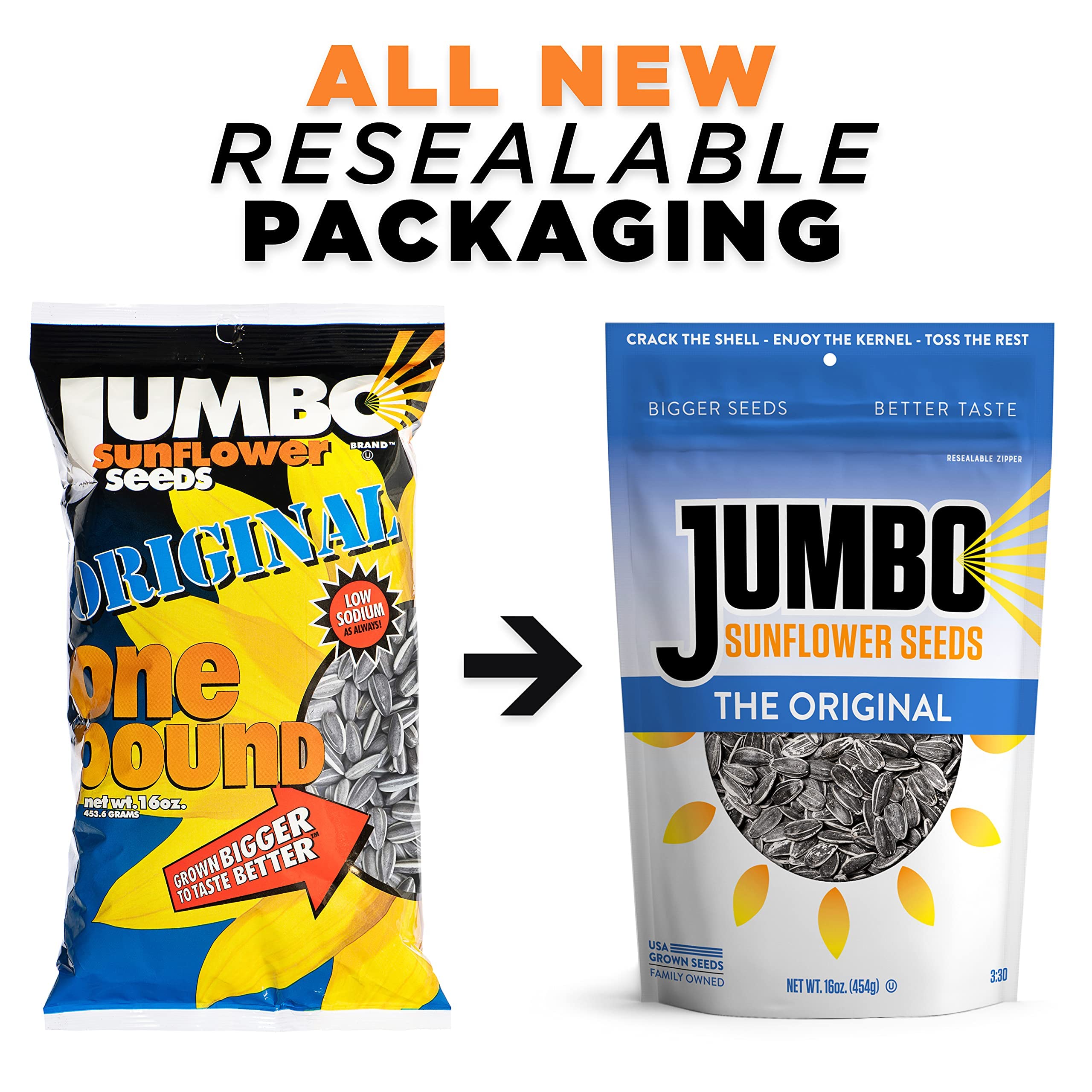 JUMBO SUNFLOWER SEEDS nutrition panel, highlights Vitamin E and antioxidants.