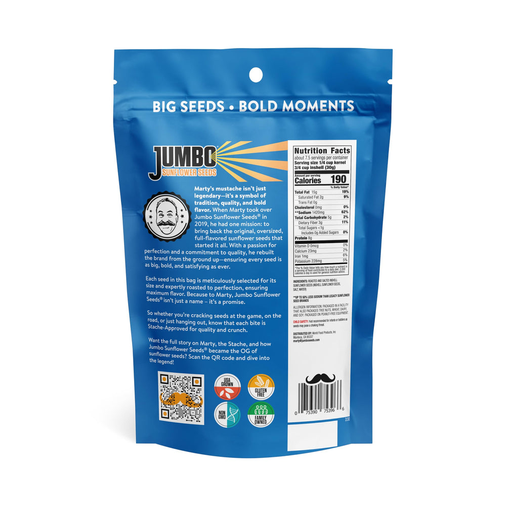 JUMBO SUNFLOWER SEEDS original pack back, nutrition facts and protein info.