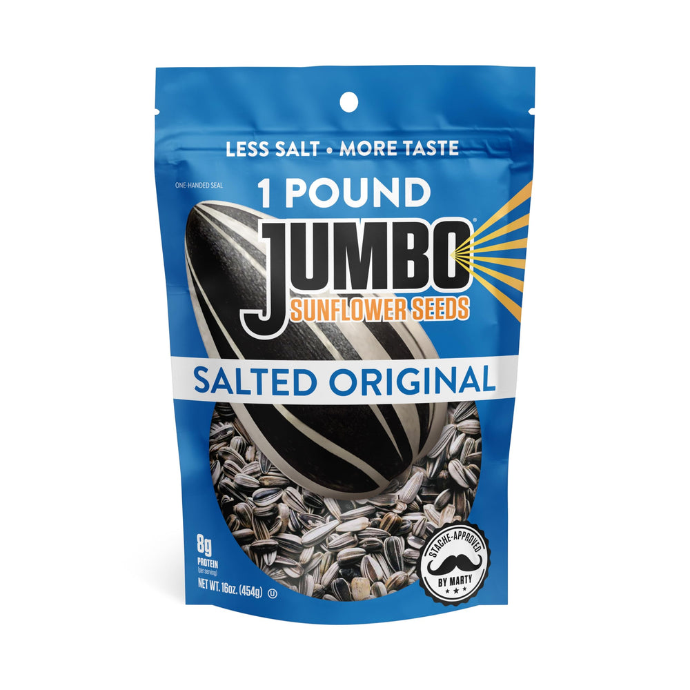 JUMBO SUNFLOWER SEEDS original pack front, convenient snack with antioxidants.