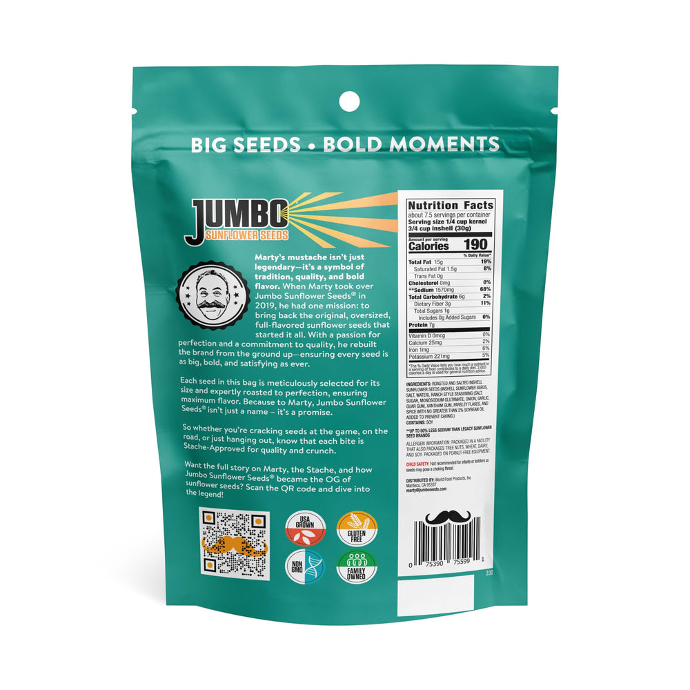 JUMBO SUNFLOWER SEEDS Ranch – close-up of seasoned seeds highlighting bold flavor.