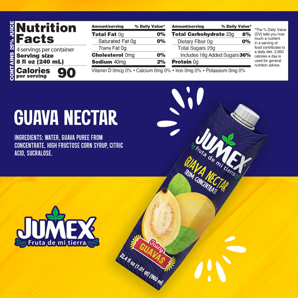 Closeup of Jumex Guava Nectar can showing real fruit puree.