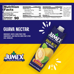 Closeup of Jumex Guava Nectar can showing real fruit puree.