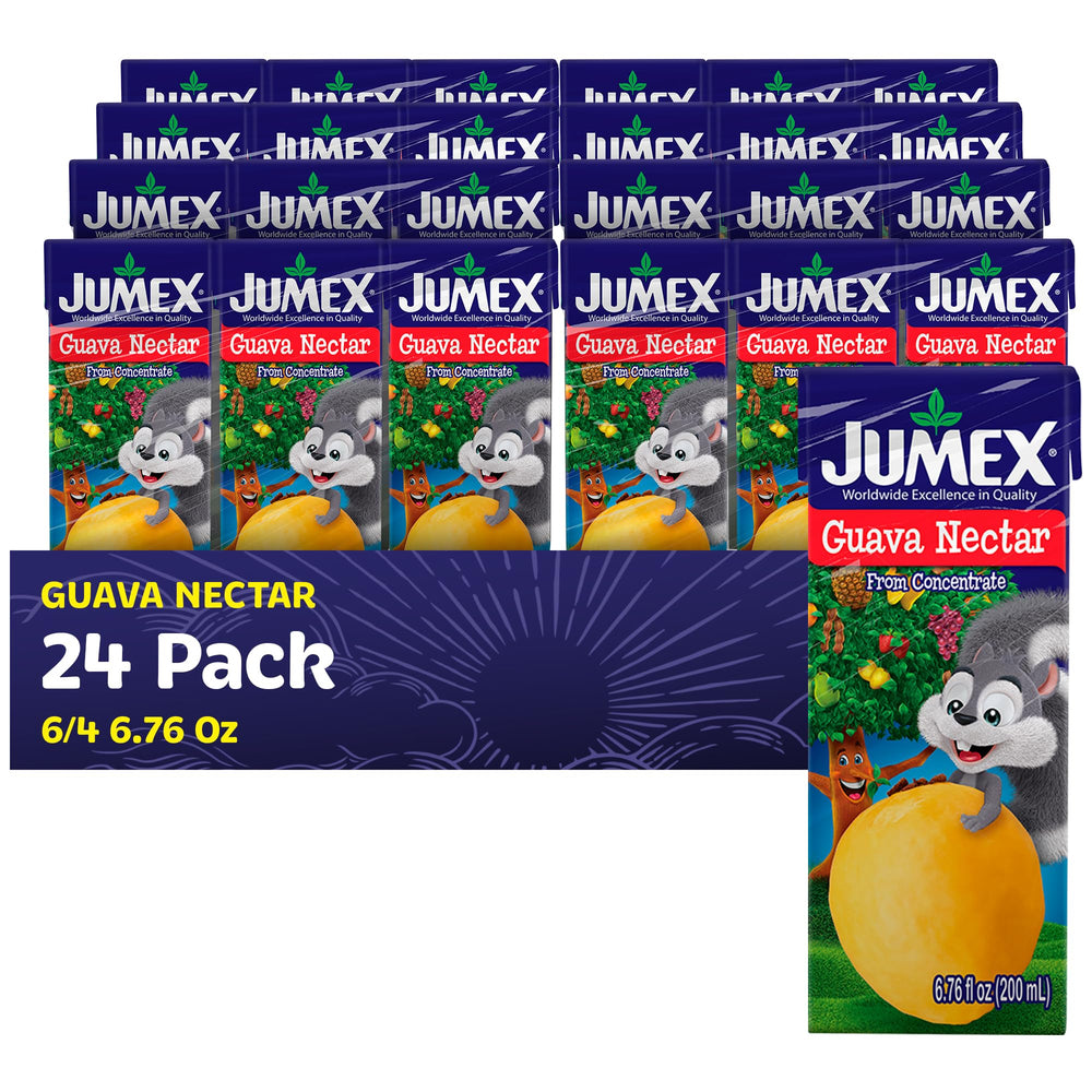 Jumex Guava Nectar juice box with straw for kids' lunchbox.