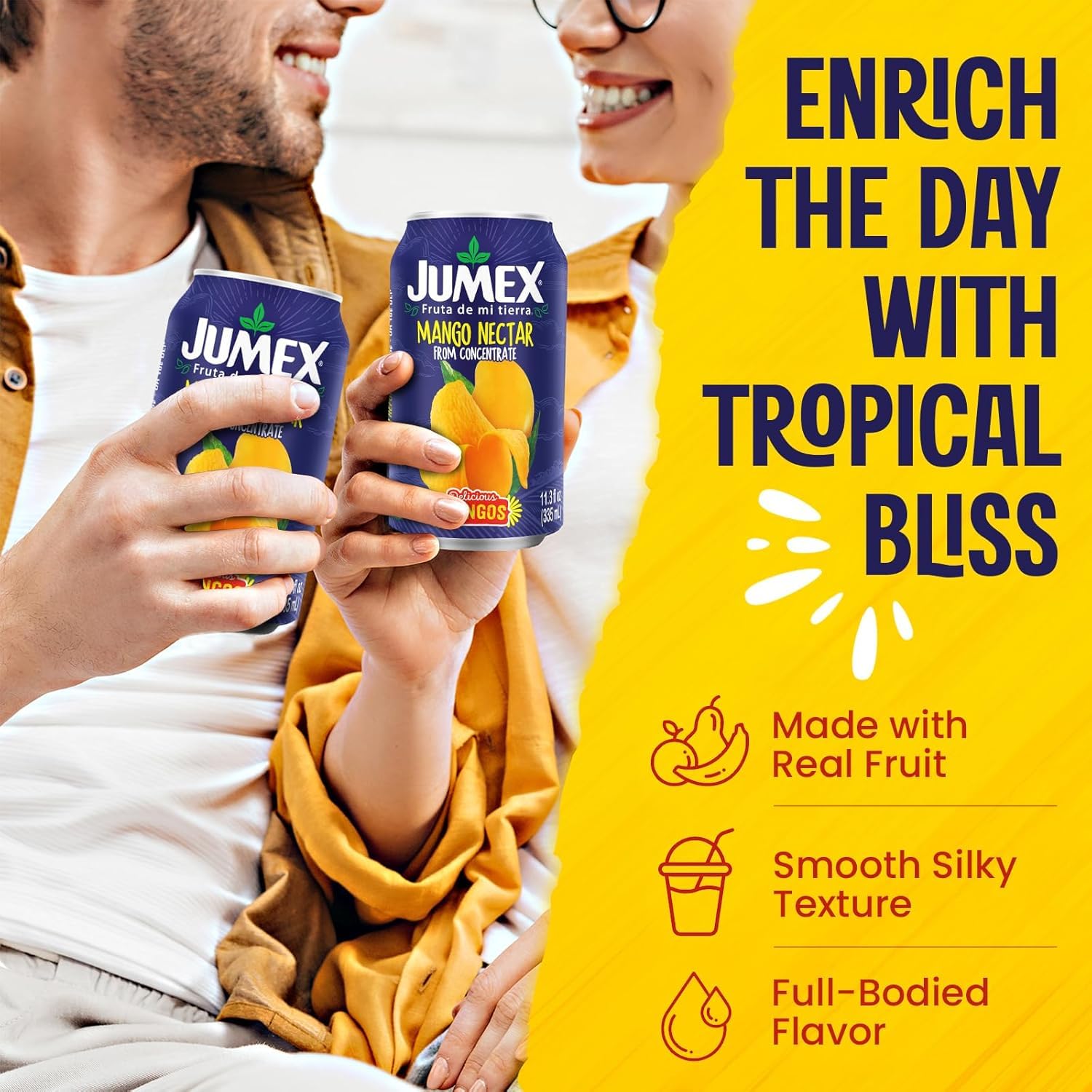 Close-up of Jumex Mango Nectar puree displaying real fruit texture