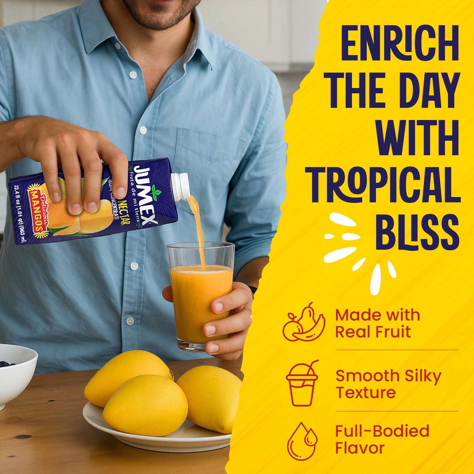 Jumex Mango Nectar close up of fresh fruit puree emphasizing natural mango richness