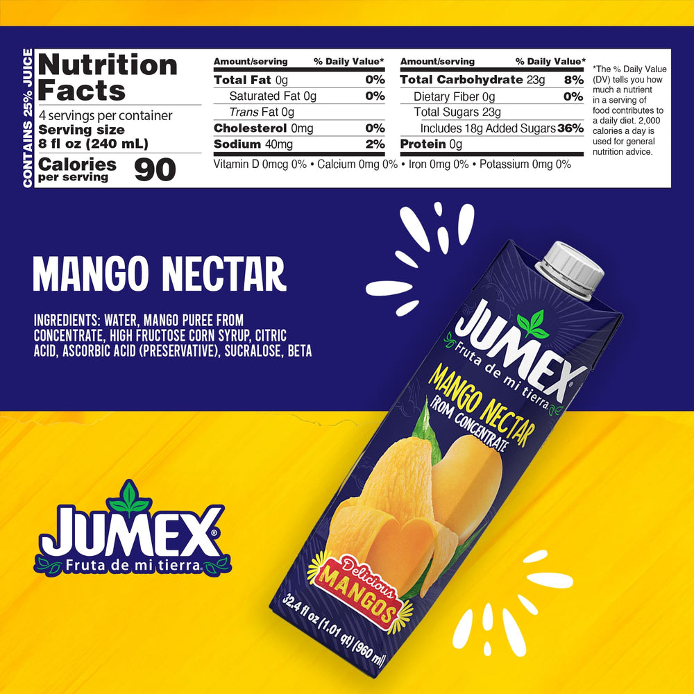 Jumex Mango Nectar glass serve highlights thick fruit puree texture perfect for smoothies