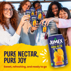 Pouring Jumex Mango Nectar into a glass for a tropical refresh