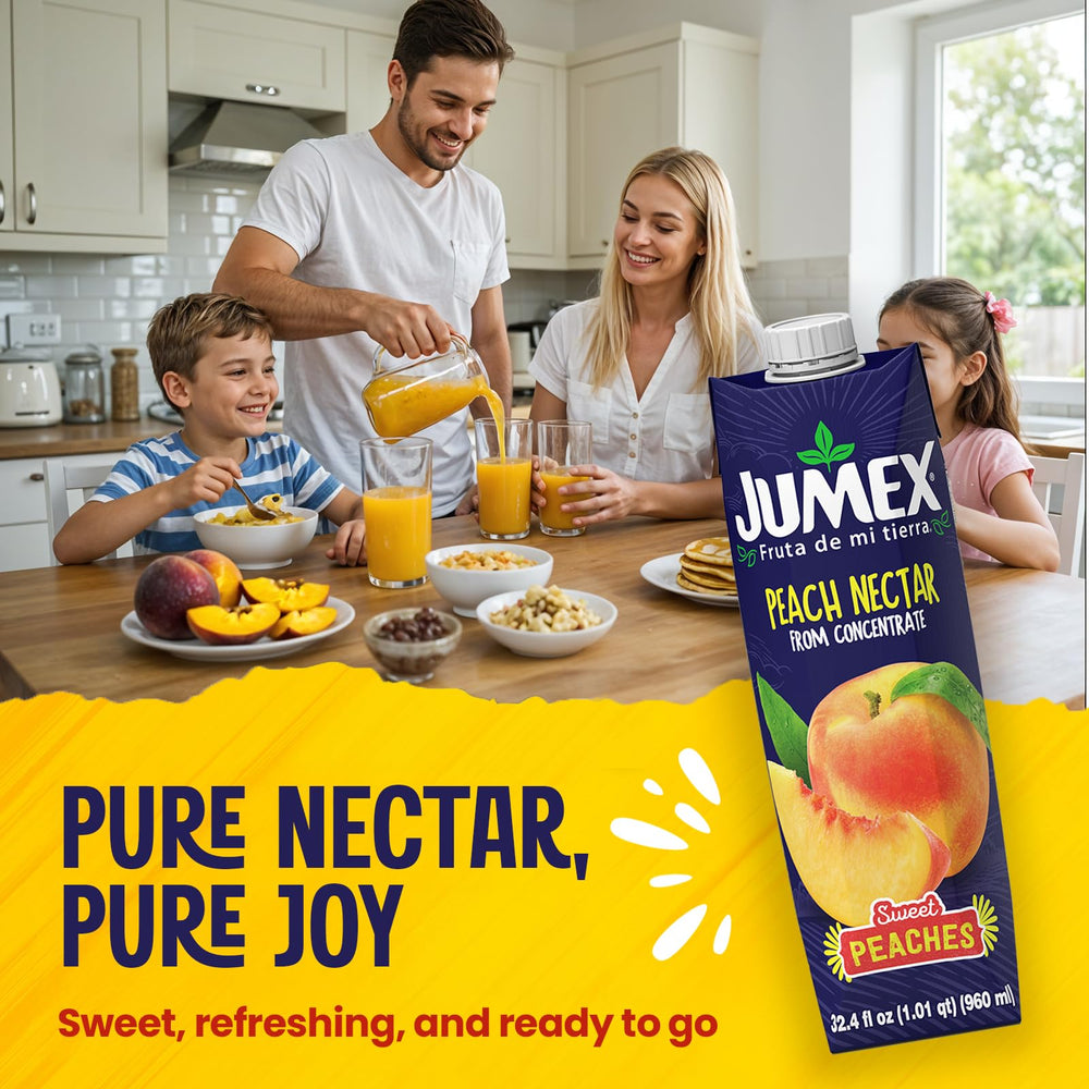 jumex peach nectar pour into glass to refresh a lunch break