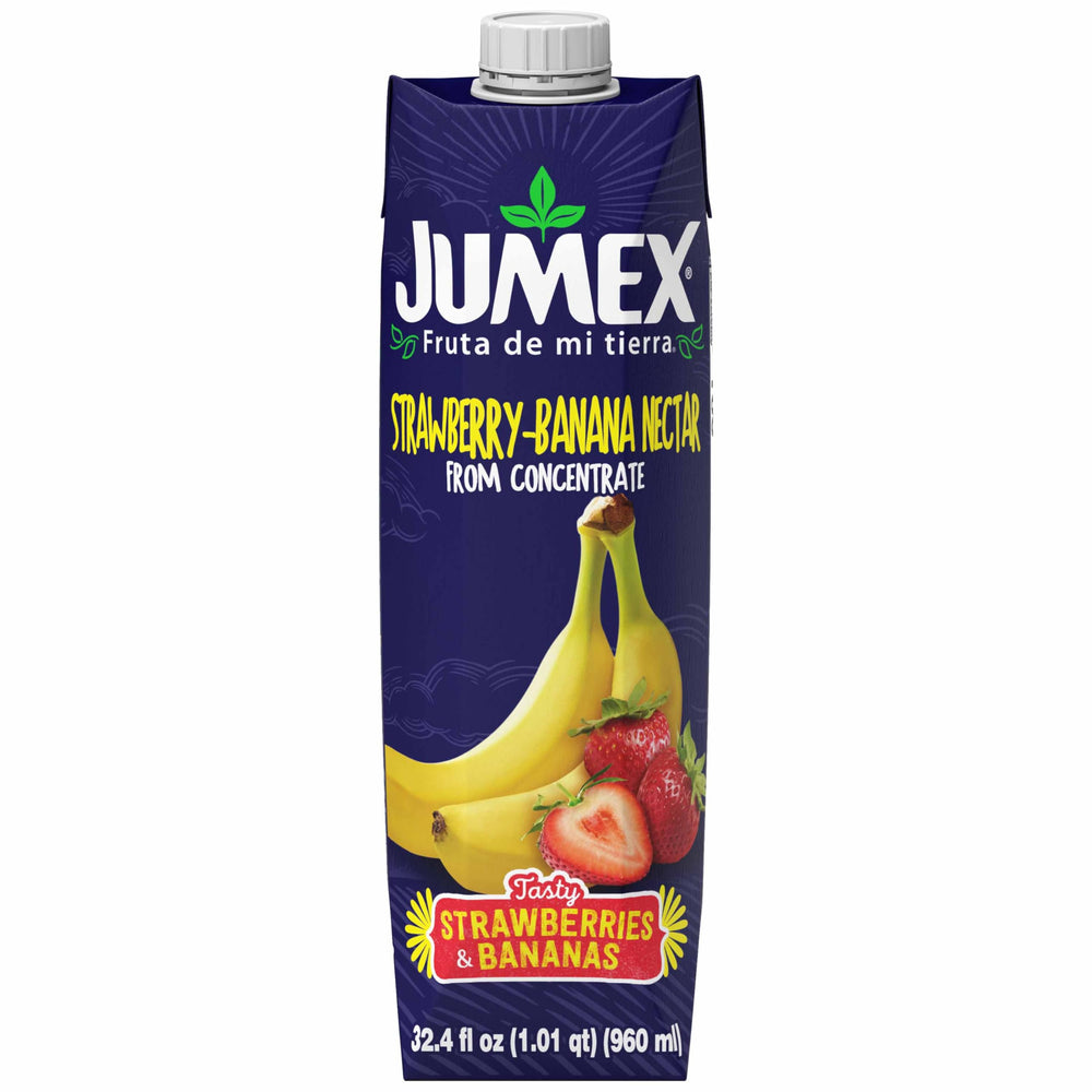 Jumex Strawberry Banana Nectar bottle pouring for smoothies and tropical beverages.