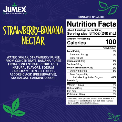 Jumex Strawberry Banana Nectar glass served with fruit garnish for kids' drinks.