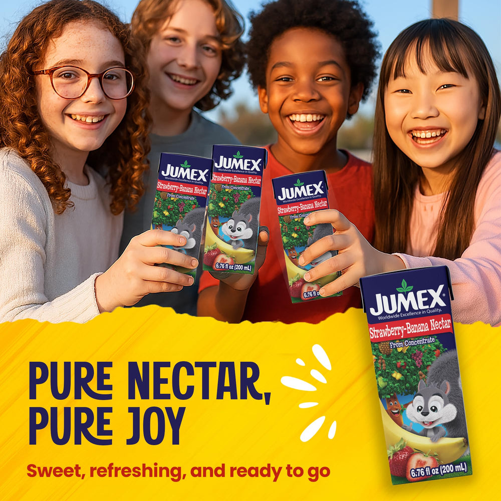 Jumex Strawberry Banana Nectar pour captures thick, fruity sip perfect for kids.