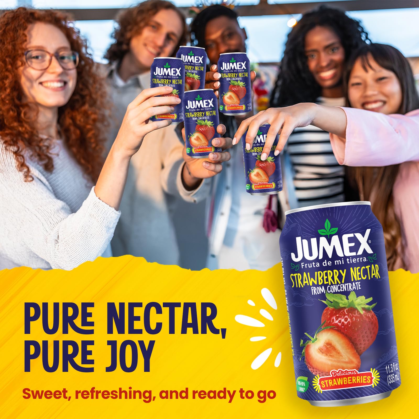 Jumex Strawberry Nectar label on a can highlighting authentic fruit taste