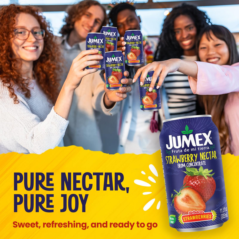 Jumex Strawberry Nectar label on a can highlighting authentic fruit taste