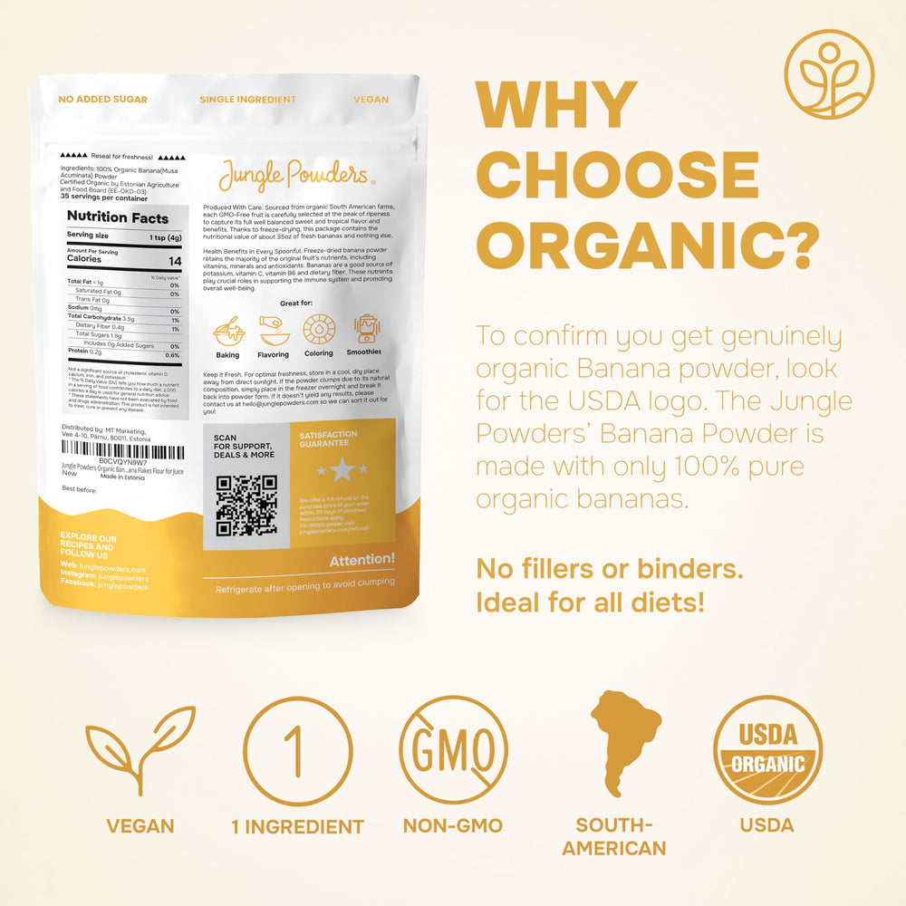 5-ounce Jungle Powders bag keeps organic banana powder ready for smoothies.