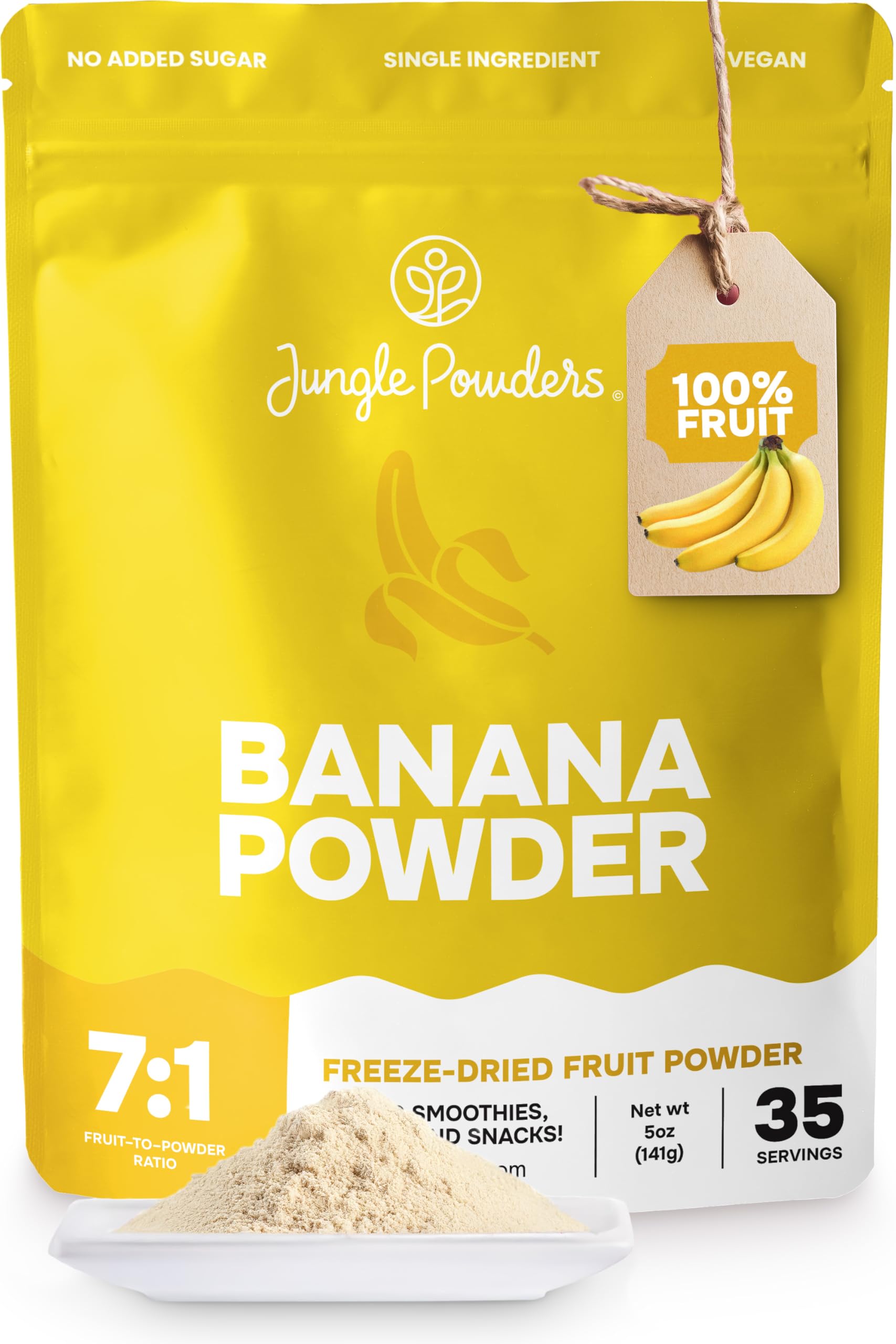 Jungle Powders Banana Powder bag front shows resealable packaging for easy use in smoothies.