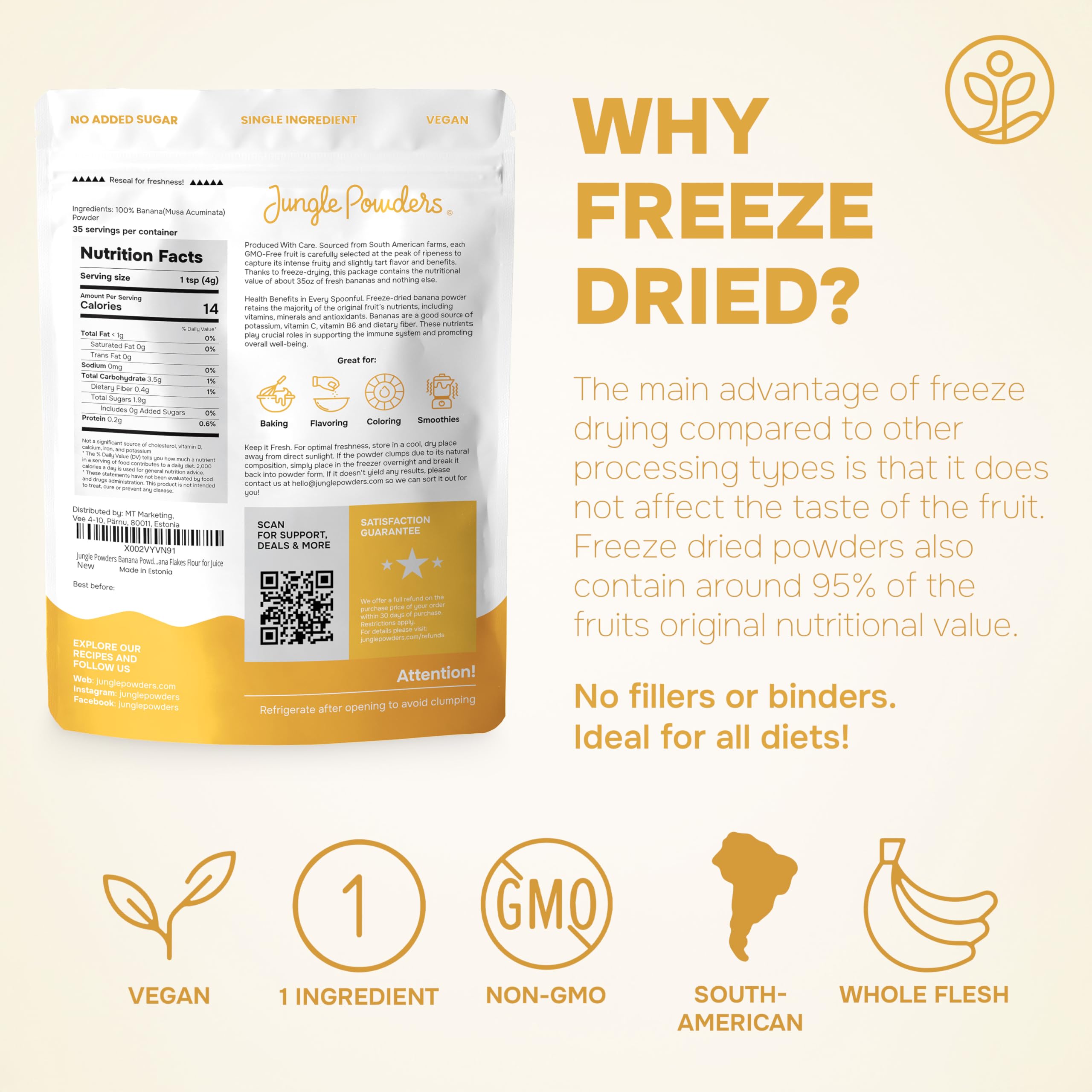 Jungle Powders Banana Powder ingredients label showing no sweeteners.