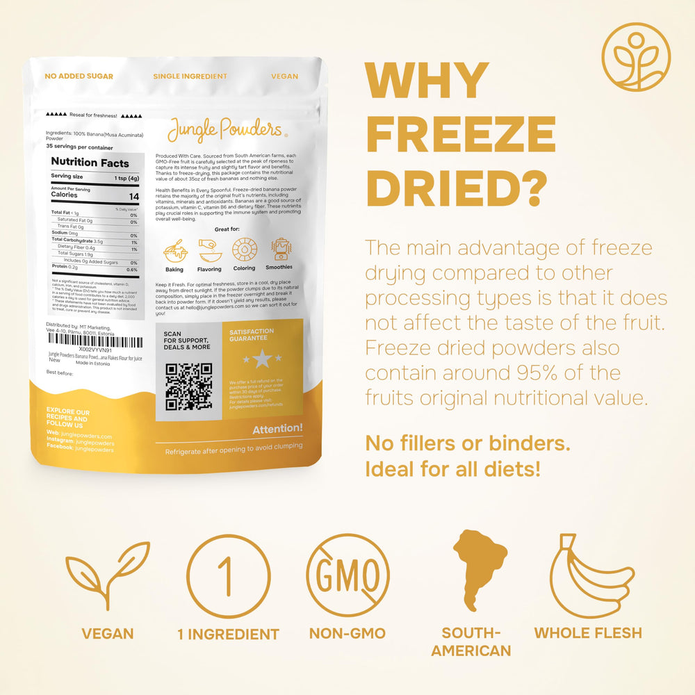Jungle Powders Banana Powder ingredients label showing no sweeteners.