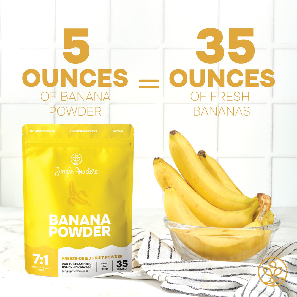 Jungle Powders Banana Powder measuring scoop ready for smoothies or baking.
