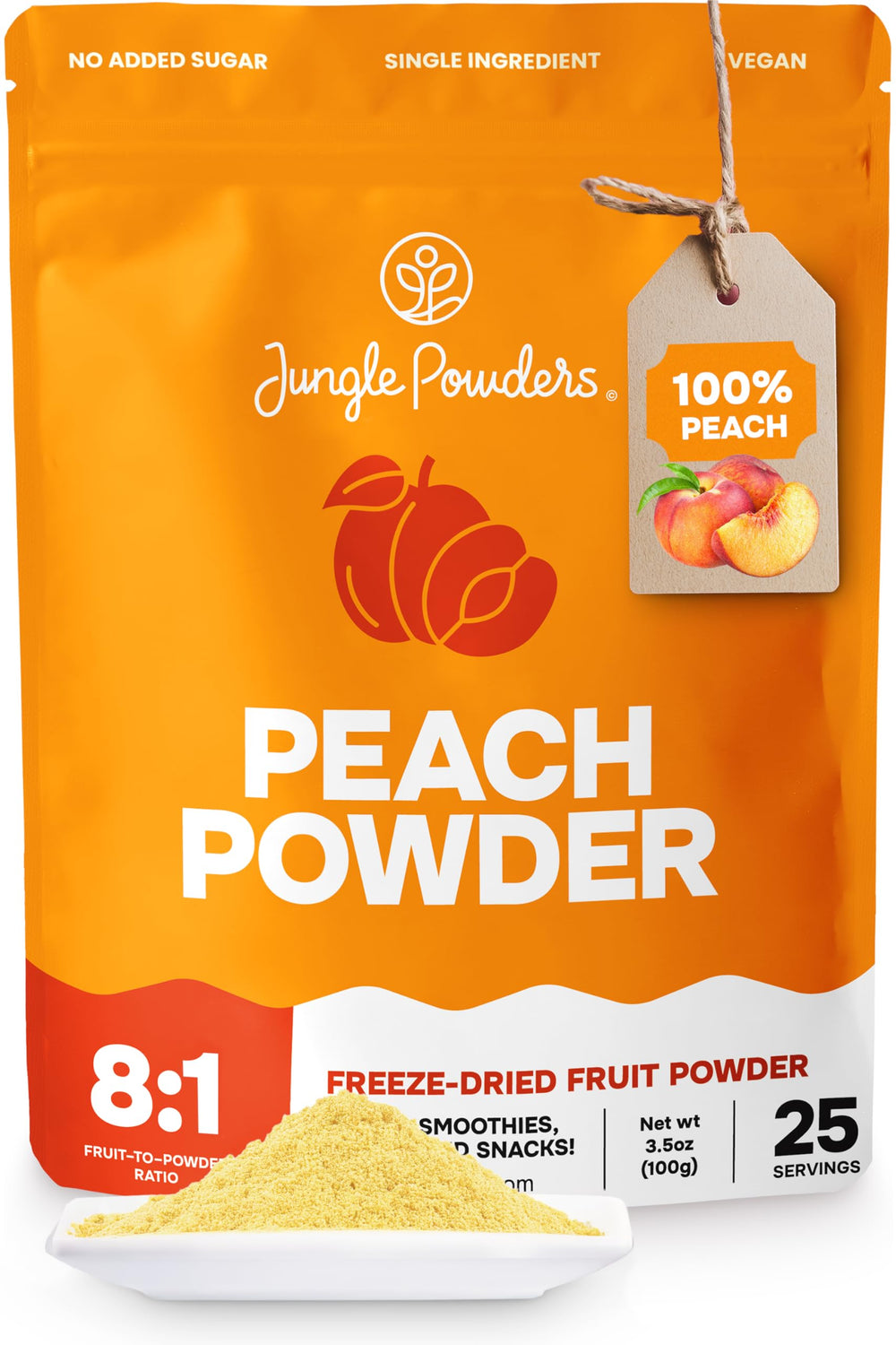 Jungle Powders freeze dried peach powder in a resealable bag, ideal for baking and smoothies.