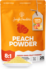 Jungle Powders freeze dried peach powder in a resealable bag, ideal for baking and smoothies.