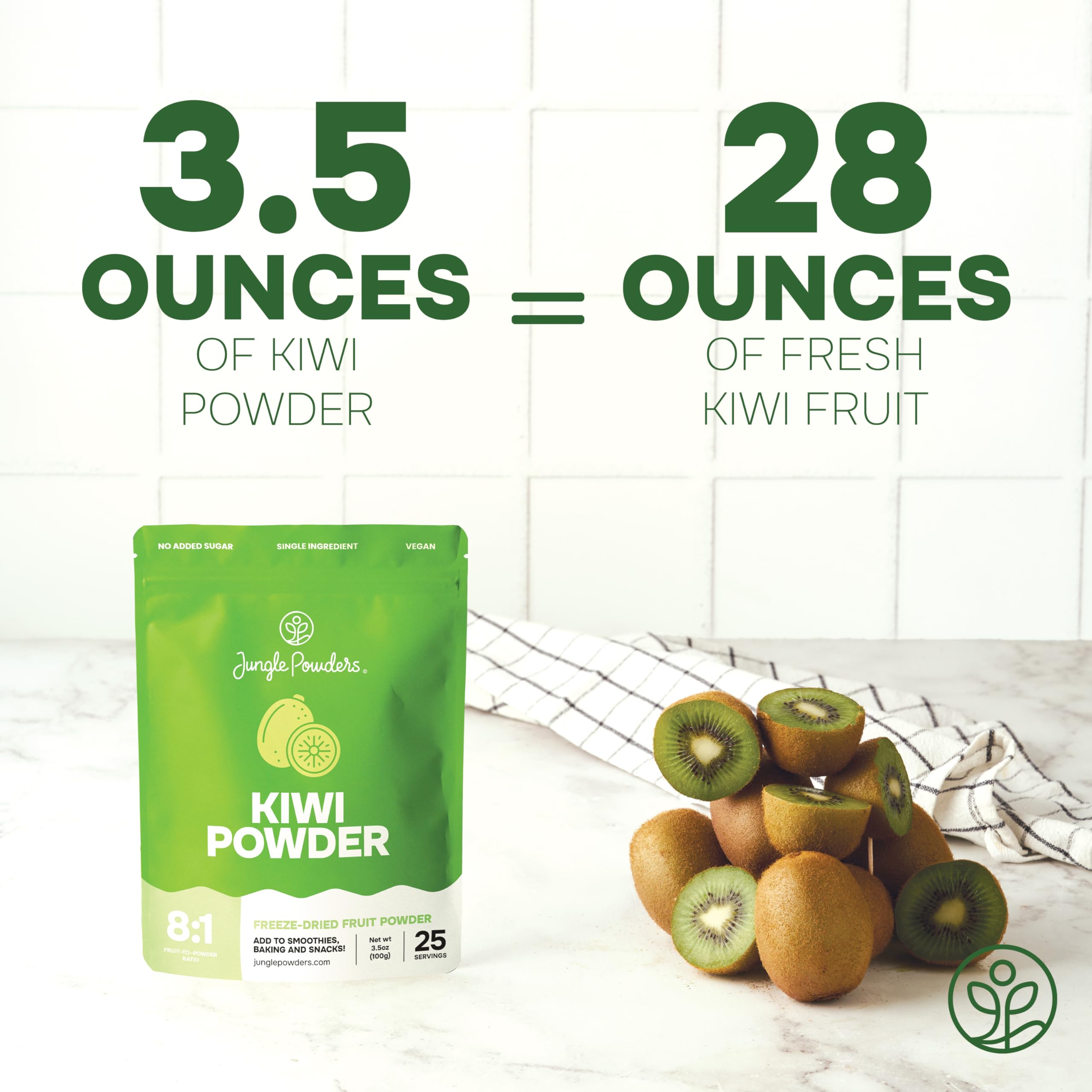 Jungle Powders kiwi powder scoop enables easy measurement for smoothies and baking.