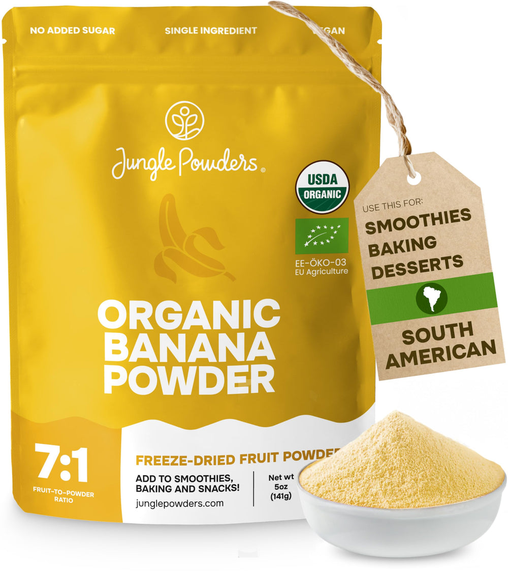 Jungle Powders Organic Banana Powder pourable texture ideal for smoothie bases.