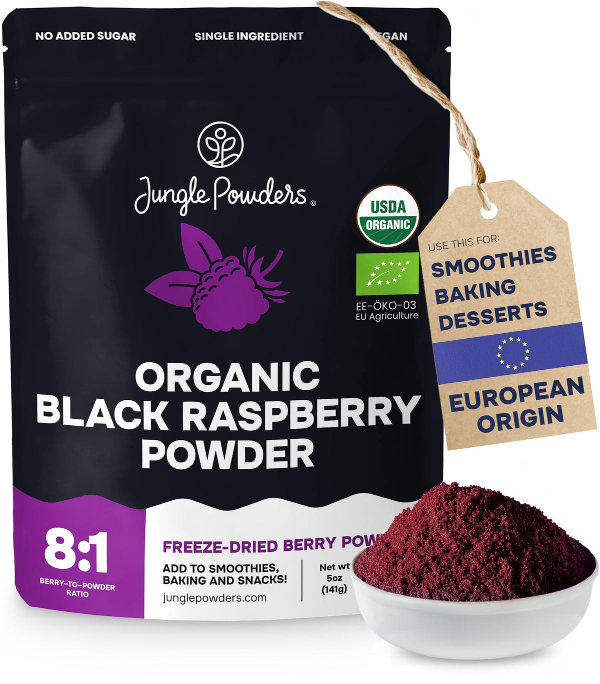 Jungle Powders Organic Black Raspberry Powder 5oz bag for smoothies