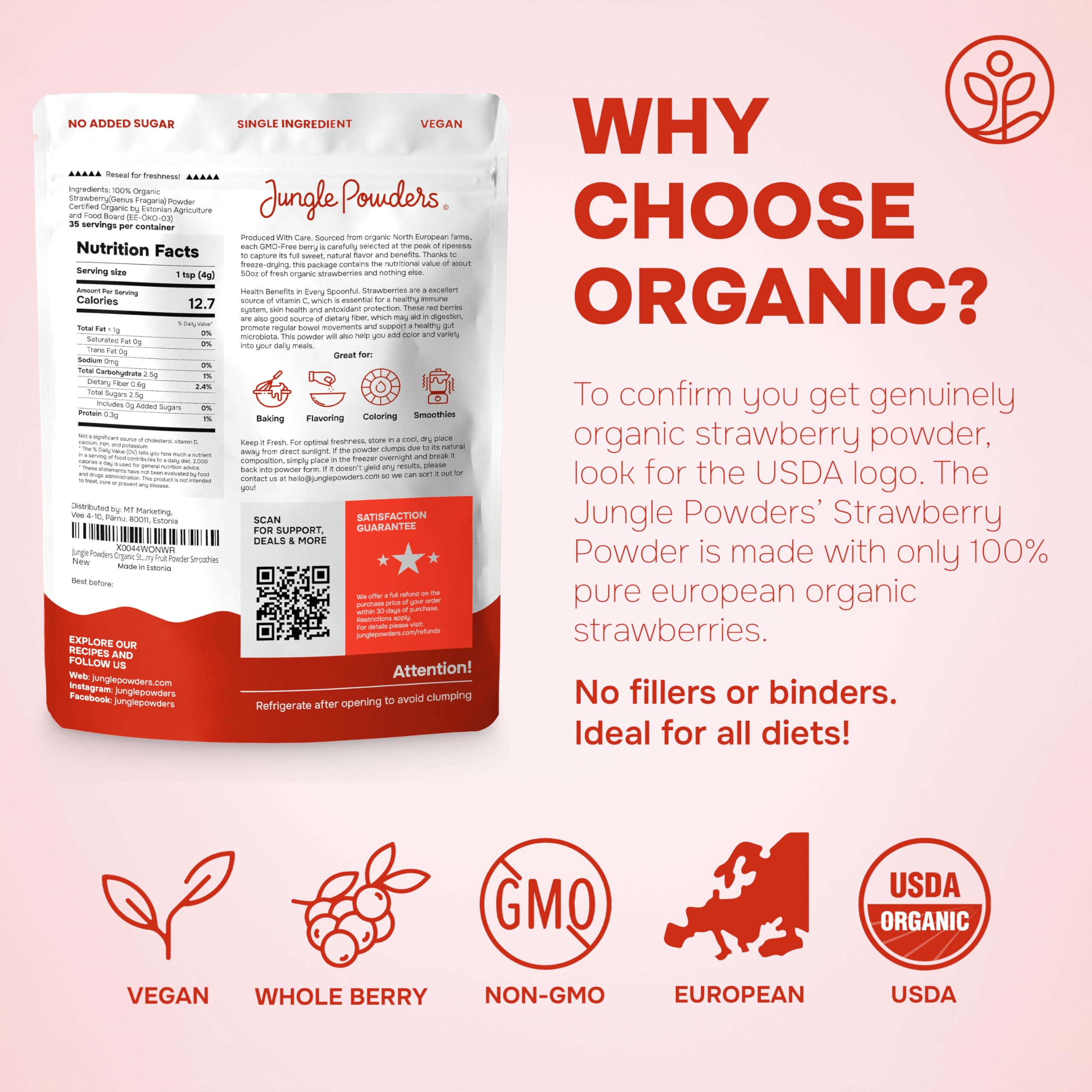Jungle Powders organic-label strawberry powder emphasizing certified organic quality.