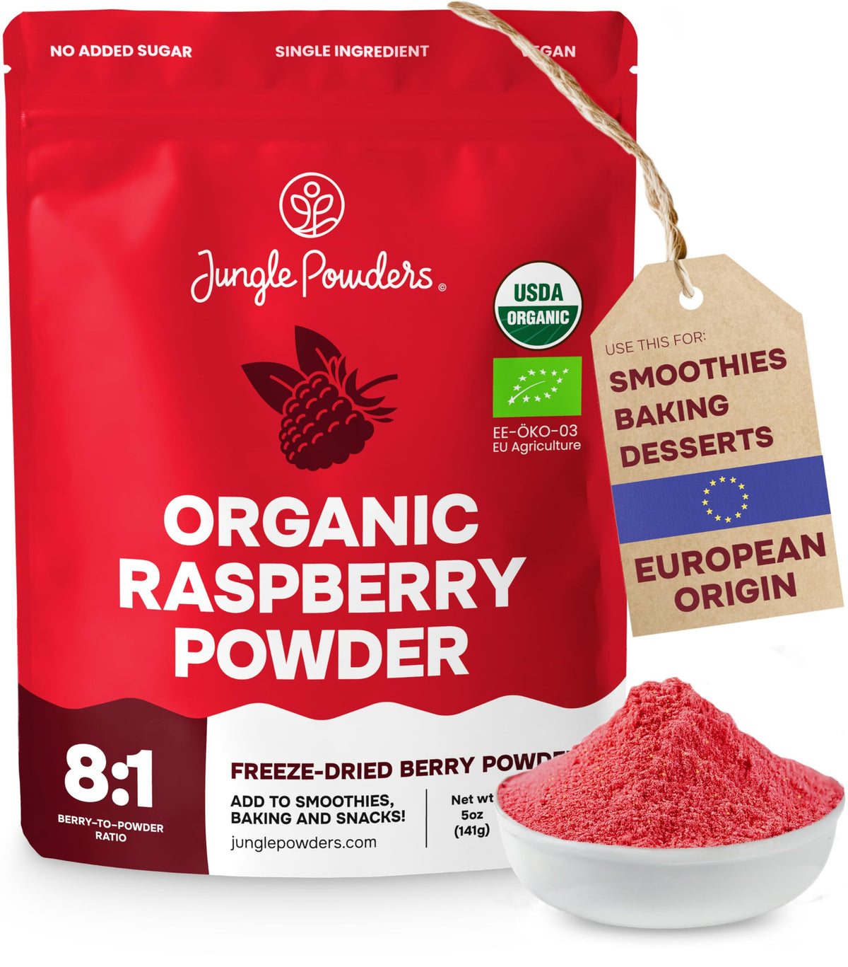 Jungle Powders Organic Raspberry Powder 5 oz bag ideal for baking and toppings.