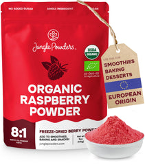 Jungle Powders Organic Raspberry Powder 5 oz bag ideal for baking and toppings.