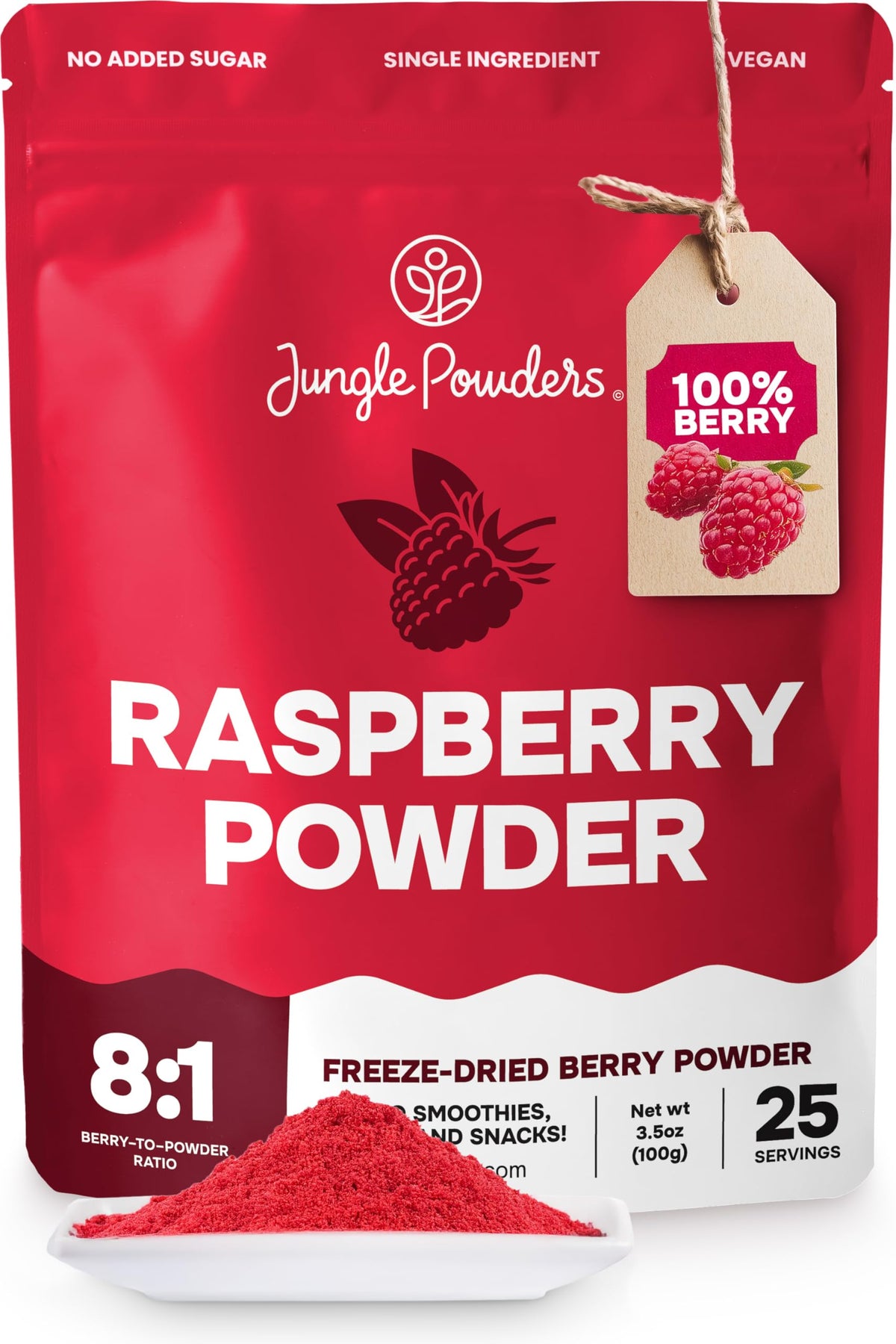 Jungle Powders Raspberry Powder bag close-up showing vibrant red color for baking and smoothies