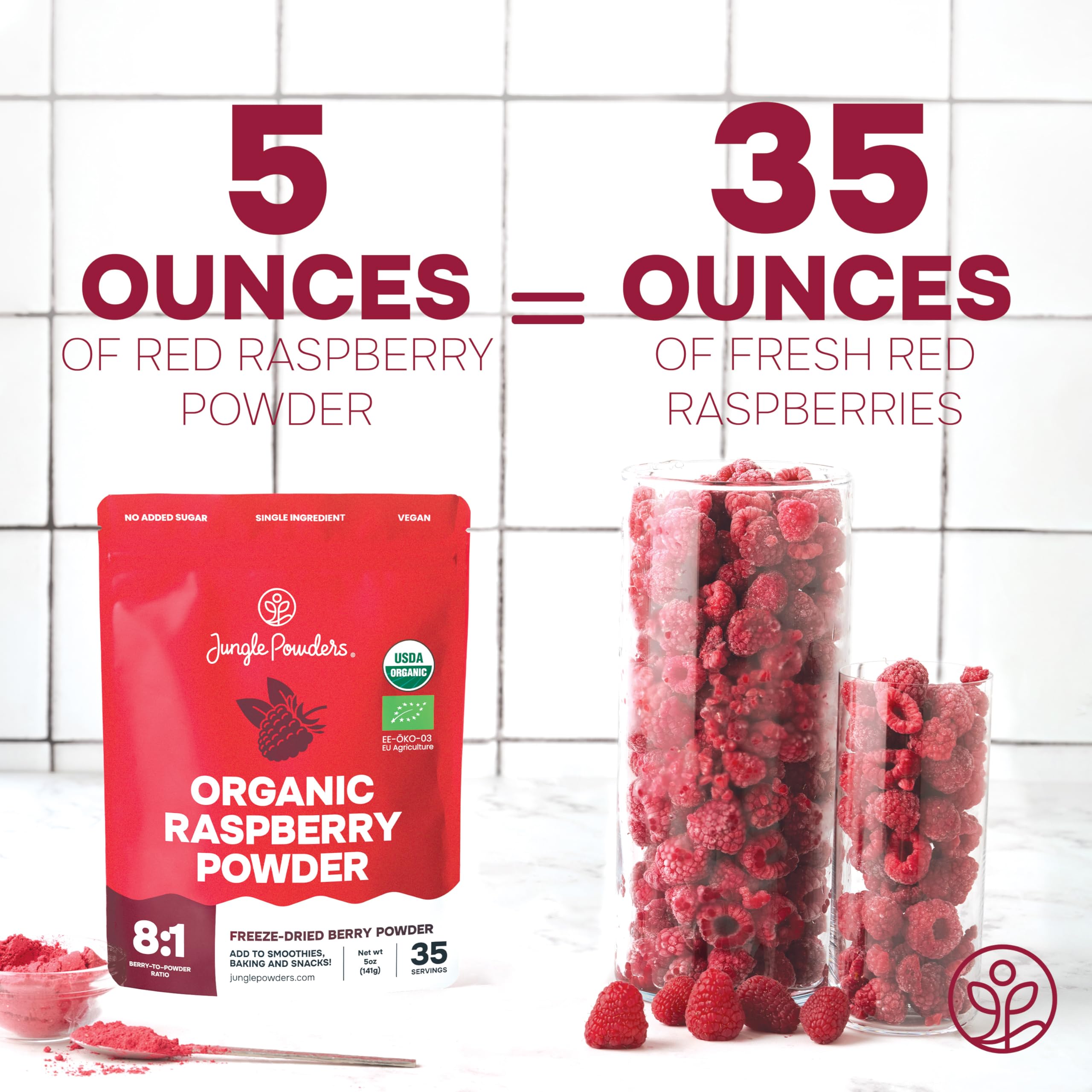 Jungle Powders raspberry powder dispensing scoop for precise measuring.