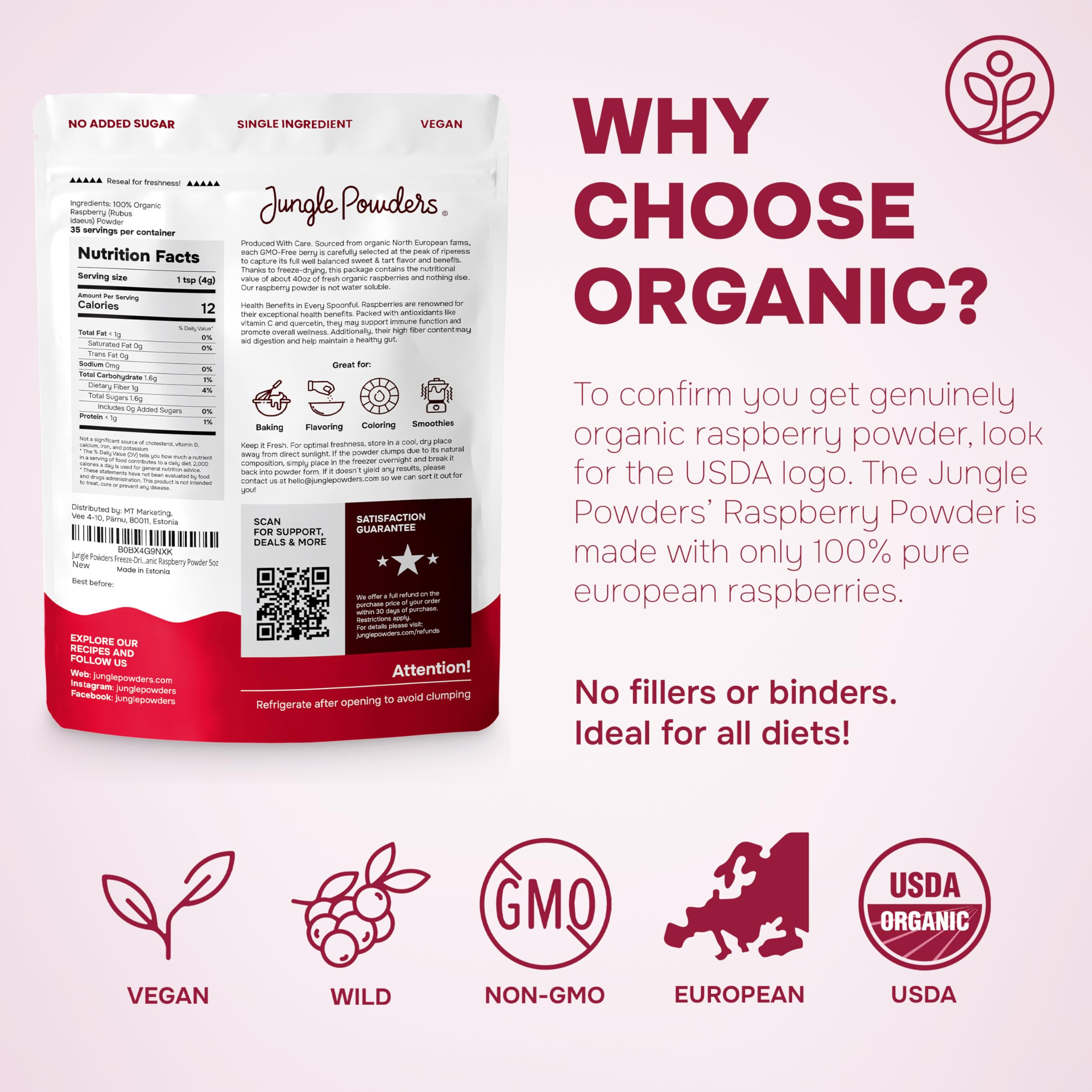 Jungle Powders packaging showing organic certification and clean ingredient promise.