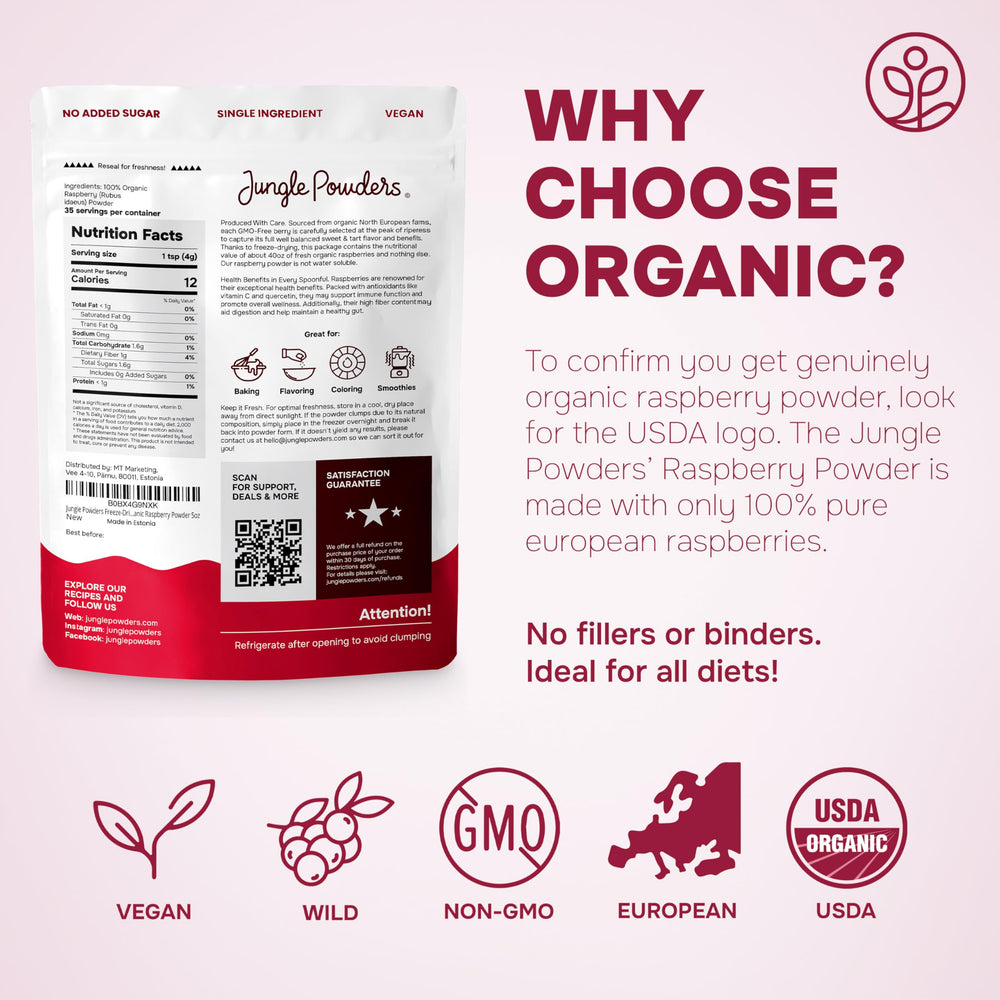 Jungle Powders packaging showing organic certification and clean ingredient promise.